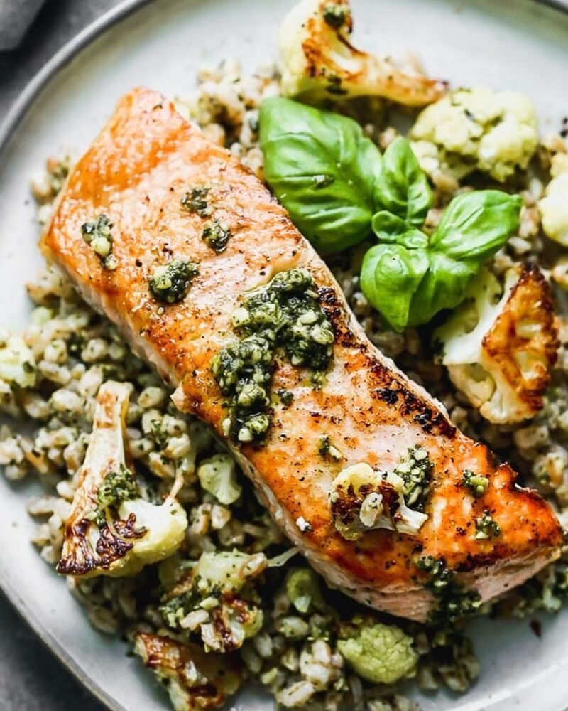 Seared Salmon with Pesto, Farro and Roasted Cauliflower Recipe The