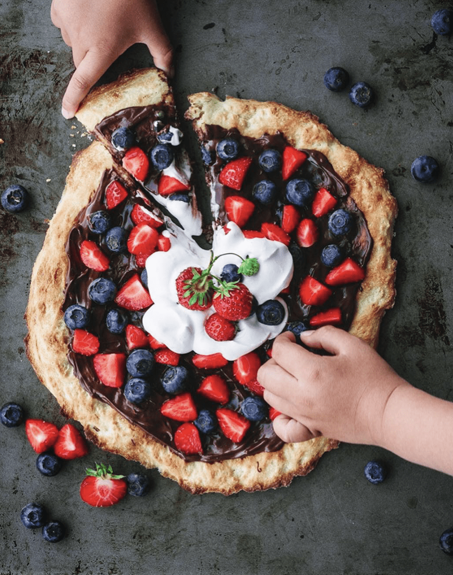 Chocolate Pizza with Strawberries, Blueberries, and Whipped Cream