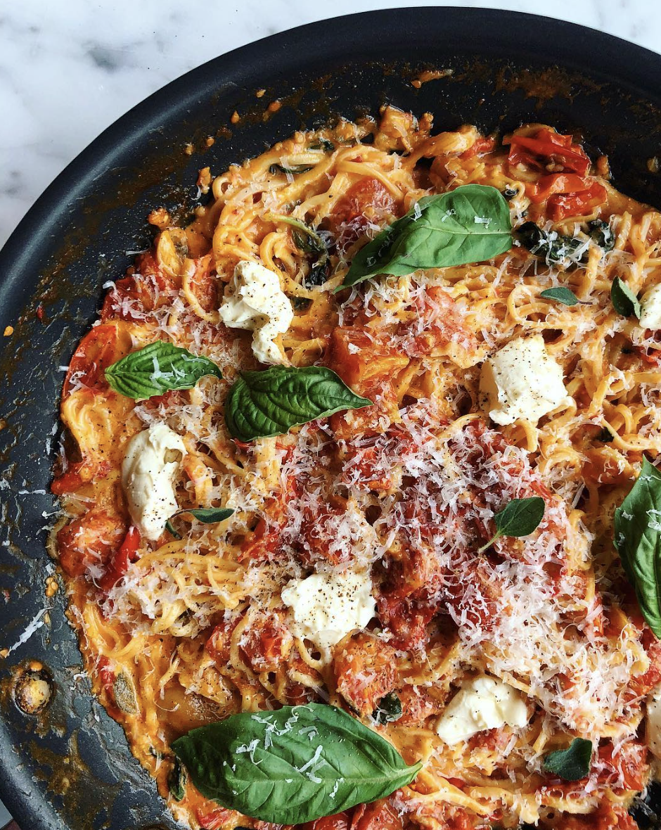 Angel Hair Pasta with Roasted Cherry Tomatoes, Mascarpone and Basil