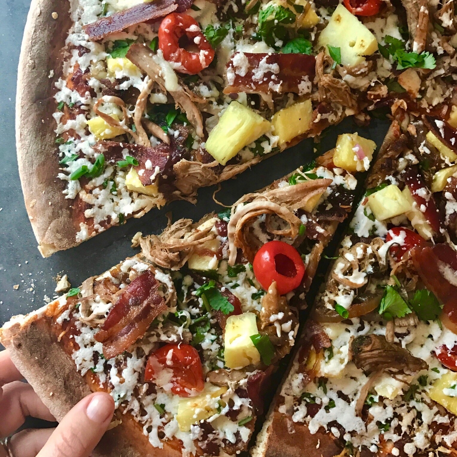 Pulled Bbq Pork Pizza With Pineapple, Peppadew Peppers, Caramelized
