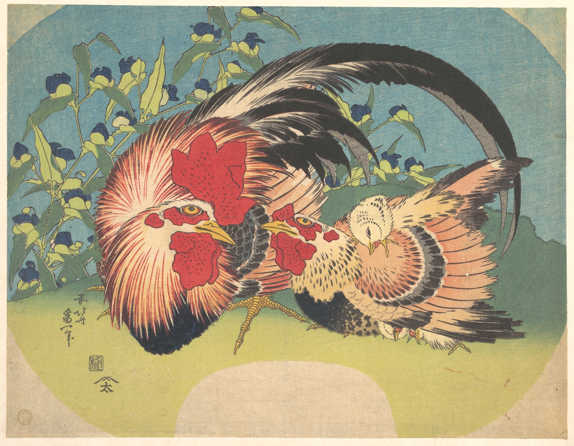 Katsushika Hokusai Rooster, Hen and Chicken with Spiderwort