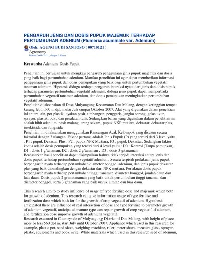 PENGARUH JENIS DAN DOSIS PUPUK MAJEMUK TERHADAP PERTUMBUHAN ADENIUM  (Plumeria acuminate var. Adenium)