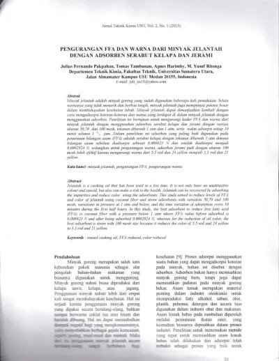 Pengurangan FFA dan Warna dari Minyak Jelantah dengan Adsorben Serabut  Kelapa dan Jerami