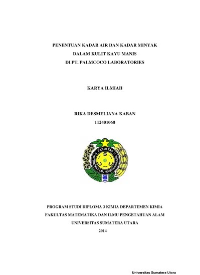 Penentuan Kadar Air dan Kadar Minyak dalam Kulit Kayu Manis di PT.Palmcoco  Laboratories