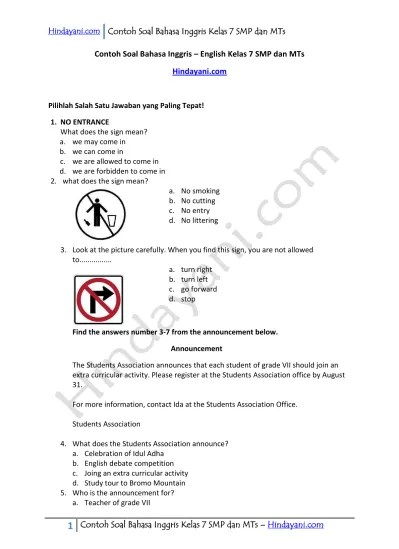 Contoh Soal Bahasa Inggris Kelas 7 SMP d