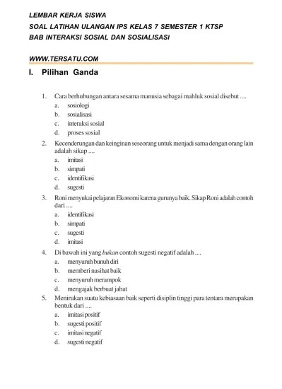 SOAL UH IPS KELAS 7 BAB INTERAKSI SOSIAL DAN SOSIALISASI