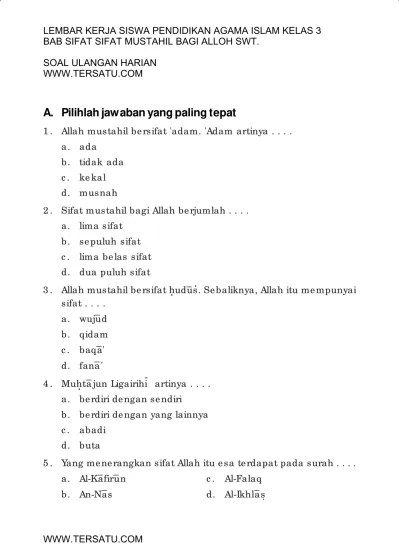 SOAL UH PAI KELAS 3 BAB SIFAT MUSTAHIL BAGI ALLOH SEMESTER 2
