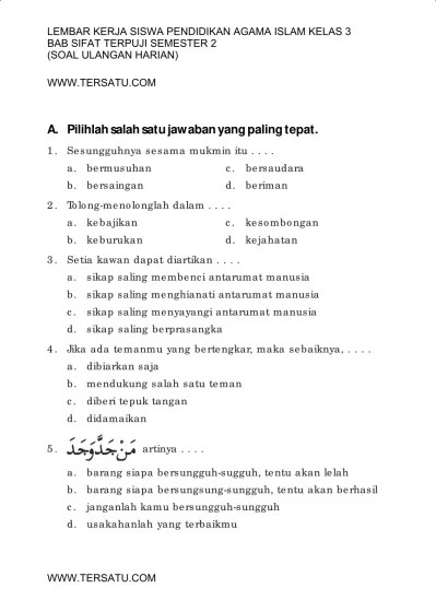 SOAL UH PAI KELAS 1 BAB PERILAKU TERPUJI SEMESTER 2