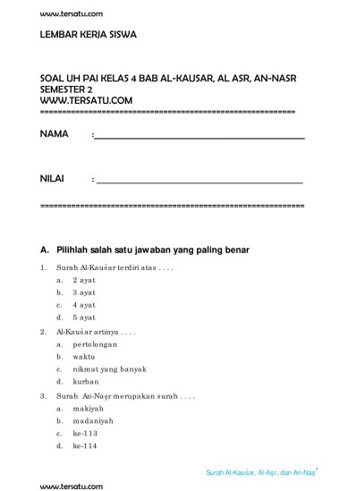 SOAL UH PAI KELAS 4 BAB AL KAUSAR, AL ASR, AN NASR SEMESTER 2