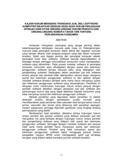 KAJIAN HUKUM MENGENAI TRANSAKSI JUAL BELI SOFTWARE KOMPUTER DIKAITKAN  DENGAN ASAS-ASAS HUKUM PERJANJIAN DITINJAU DARI KUH PERDATA DAN UU NO. 8  TAHUN 1999 TENTANG PERLINDUNGAN KONSUMEN.