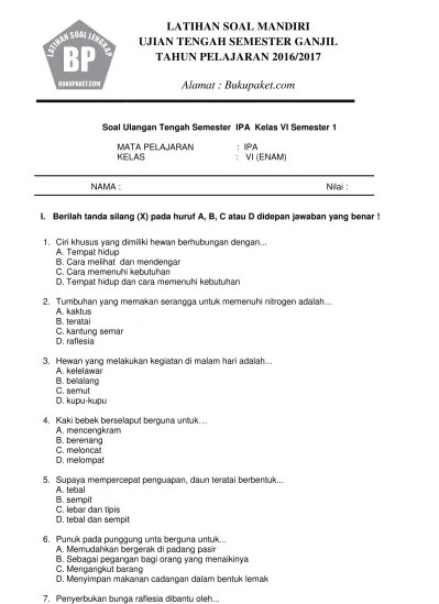 Soal UTS IPA Kelas 6 Semester 1