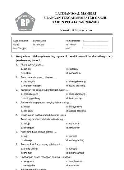 Latihan Soal Uts Bahasa Jawa Kelas 1 Sd Semester 1