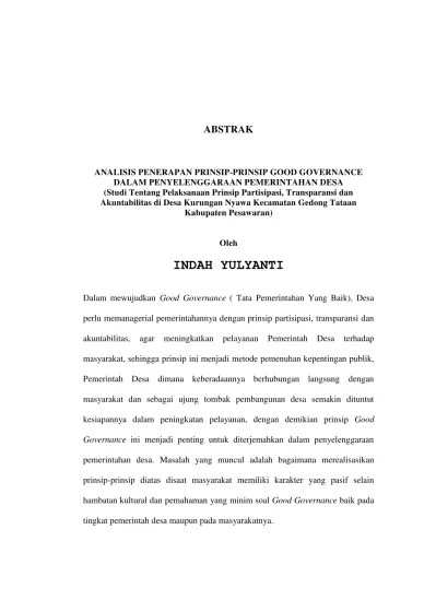 ANALISIS PENERAPAN PRINSIP-PRINSIP GOOD GOVERNANCE DALAM PENYELENGGARAAN  PEMERINTAHAN DESA (Studi Tentang Pelaksanaan Prinsip Partisipasi,  Transparansi dan Akuntabilitas di Desa Kurungan Nyawa Kecamatan Gedong  Tataan Kabupaten Pesawaran)