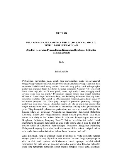 PELAKSANAAN PERKAWINAN USIA MUDA SECARA ADAT DI TINJAU DARI HUKUM ISLAM  (Studi di Kelurahan Penyandingan Kecamatan Bengkunat Belimbing Lampung  Barat)