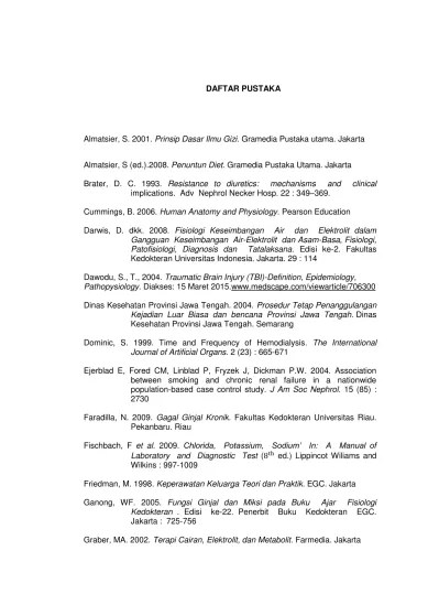 DAFTAR PUSTAKA Hubungan Kepatuhan Diet Dan Asupan Kalium Dengan Kadar  Kalium Pada Pasien Gagal Ginjal Kronik Yang Menjalani Hemodialisa Rawat  Jalan Di RSUD Kabupaten Sukoharjo.
