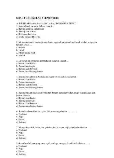 Contoh Soal UAS MTS Fiqih Kelas 7 8 9 Lengkap Kurikulum 2013 uas 1 fiqih 7