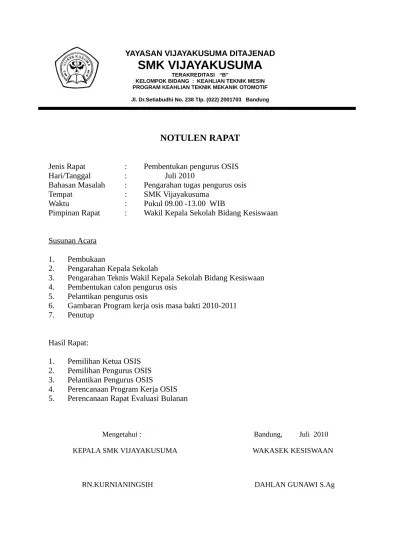 Contoh Notulen Rapat Osis
