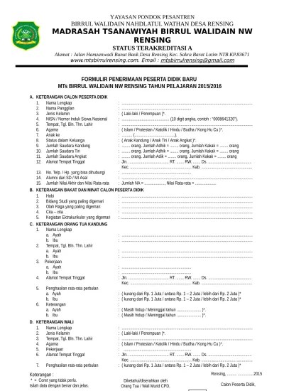 8 Contoh Formulir Pendaftara Siswa Baru dalam Bentuk Format Siap Isi File  Word