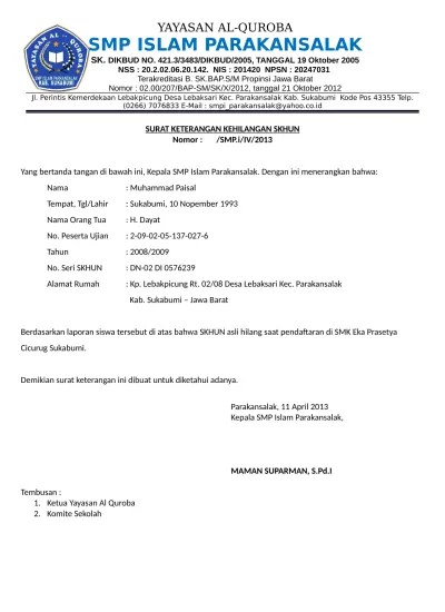 Contoh Berkas Surat Sekolah Format Microsoft Word SURAT PINDAH SISWA