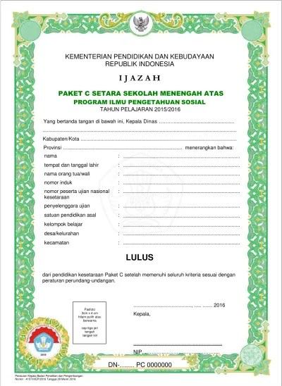 Format Ijazah SMA IPS 2016