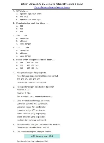 soal ulangan sd kelas 3 matmtk bab garis bilangan semester 1