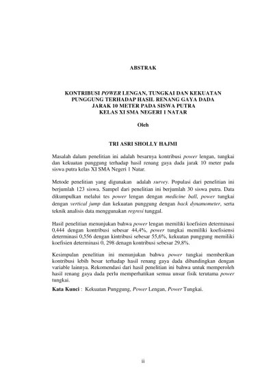 KONTRIBUSI POWER LENGAN, TUNGKAI DAN KEKUATAN PUNGGUNG TERHADAP HASIL RENANG  GAYA DADA JARAK 10 METER PADA SISWA PUTRA KELAS XI SMA NEGERI 1 NATAR