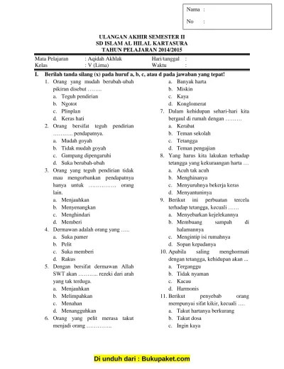 SOAL UKK AQIDAH AKHLAK KELAS 5 SD-MI