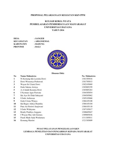 Laporan Proposal Kegiatan KKN PPM Periode XIII Tahun 2016 Desa Sangeh -  Kecamatan Abian semal - Kabupaten Bangeh.