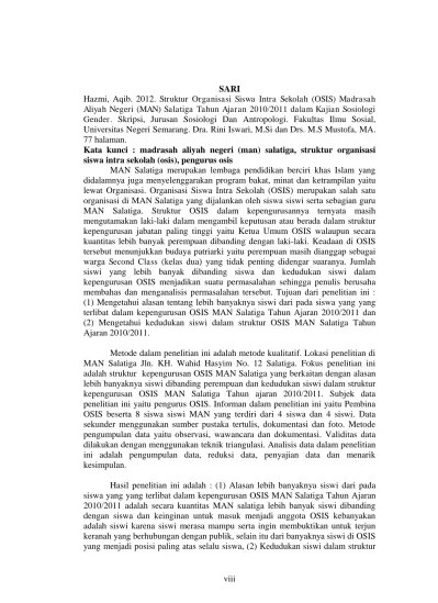 Struktur Organisasi Siswa Intra Sekolah (OSIS) Madrasah Aliyah Negeri (MAN)  Salatiga Tahun Ajaran 2010/2011 dalam Kajian Sosiologi Gender.