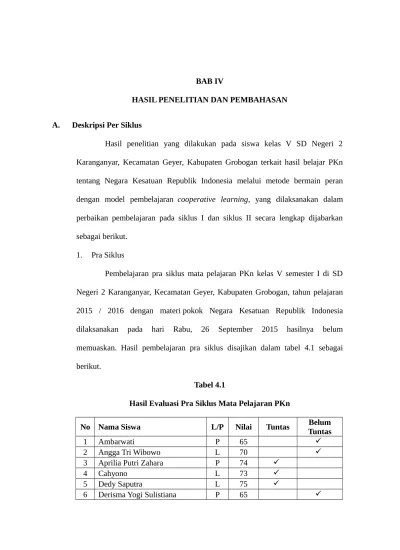 Contoh Penelitian Tindakan Kelas “PTK” Guru SD Lengkap BAB IV
