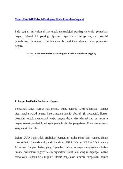 Materi PKn SMP Kelas 9 (Pentingnya Usaha Pembelaan Negara)