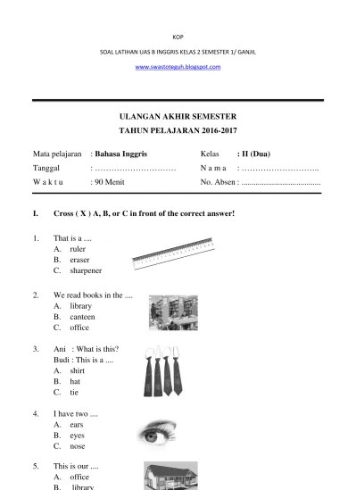 SOAL LATIHAN UAS B INGGRIS KELAS 2 SD SEMESTER 1 GANJIL