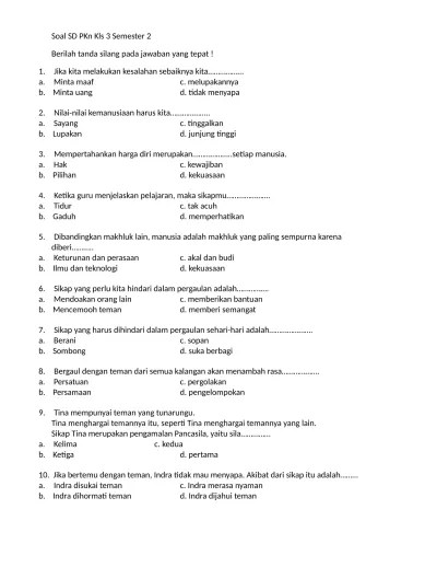 Soal PKn dan Kunci Jawaban SD Kls 3 (Semester 2)