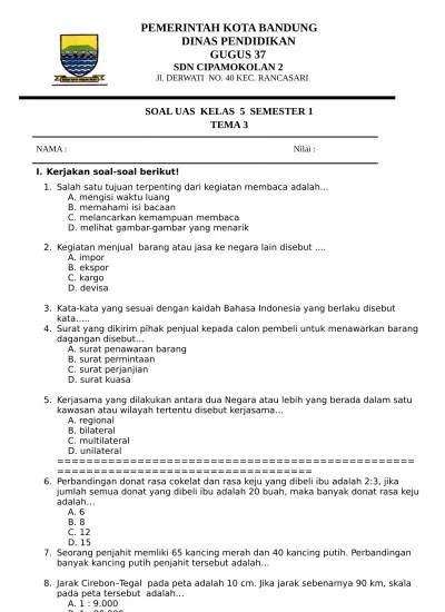 SOAL UAS KELAS 5 SMTR 1 TEMA 3