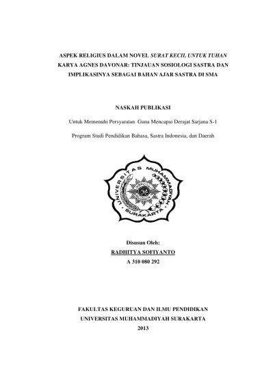ANALISIS UNSUR INTRINSIK DAN EKSTRINSIK NOVEL SURAT KECIL UNTUK TUHAN KARYA  AGNES DAVONAR SEBAGAI SUMBANGAN MATERI BAGI PENGAJARAN SASTRA -