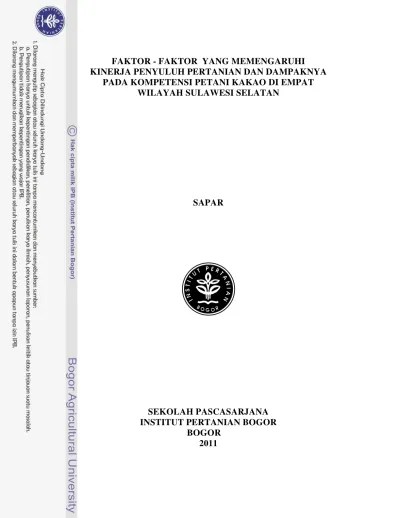 Faktor faktor yang mempengaruhi kinerja penyuluh pertanian dan dampaknya  pada kompetensi petani kakao di empat wilayah Sulawesi Selatan