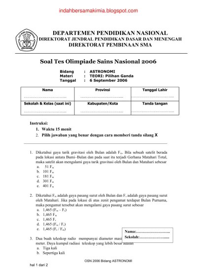 Soal Olimpiade Astronomi Tingkat Nasional Tahun 2008