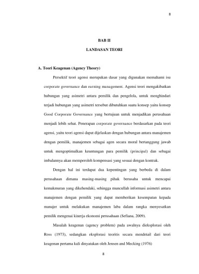 LANDASAN TEORI Pengaruh Corporate Governance Terhadap Manajemen Laba(Studi  Empiris Pada Perusahaan Manufaktur Yang Terdaftar Di Bei) Tahun 2008-2010.