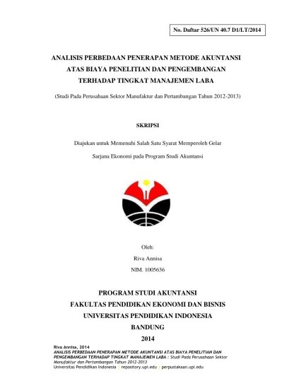 Top PDF ANALISIS PERBEDAAN PENERAPAN METODE AKUNTANSI ATAS BIAYA PENELITIAN  DAN PENGEMBANGAN TERHADAP TINGKAT MANAJEMEN LABA : Studi Pada Perusahaan  Sektor Manufaktur dan Pertambangan Tahun 2012-2013. - 123dok.com