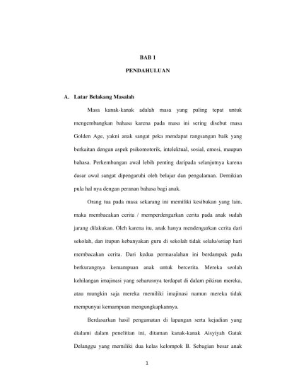 Top PDF BAB 1 PENDAHULUAN Upaya Meningkatkan Kemampuan Menyimak Cerita  Pendek Melalui Teknik Penceritaan Kembali Anak Kelompok B Tk Aisyiyah Gatak  Delanggu Kabupaten Klaten. - 123dok.com