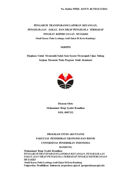 PENGARUH TRANSPARANSI LAPORAN KEUANGAN, PENGELOLAAN ZAKAT, DAN SIKAP  PENGELOLA TERHADAP TINGKAT KEPERCAYAAN MUZAKKI : Studi Kasus Pada Lembaga  Amil Zakat Di Kota Bandung.