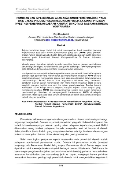 RUMUSAN DAN IMPLEMENTASI ASAS-ASAS UMUM PEMERINTAHAN YANG BAIK DALAM PRODUK  HUKUM KEBIJAKAN PUBLIK LAYANAN PRIZINAN INVESTASI PEMERINTAH DAERAH  KABUPATEN/KOTA DI DAERAH ISTIMEWA YOGYAKARTA.