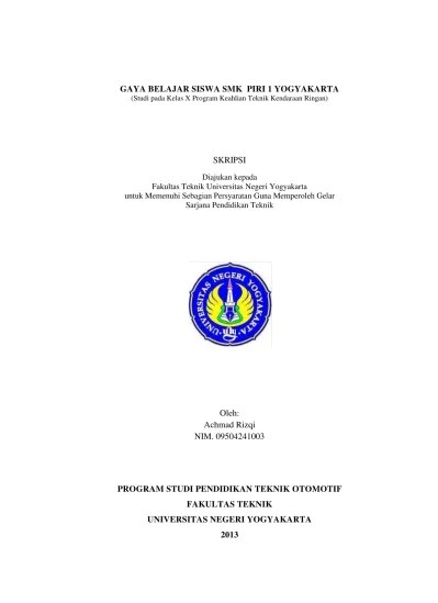 GAYA BELAJAR SMK PIRI 1 YOGYAKARTA (Studi pada Kelas X Program Keahlian  Teknik Kendaraan Ringan.