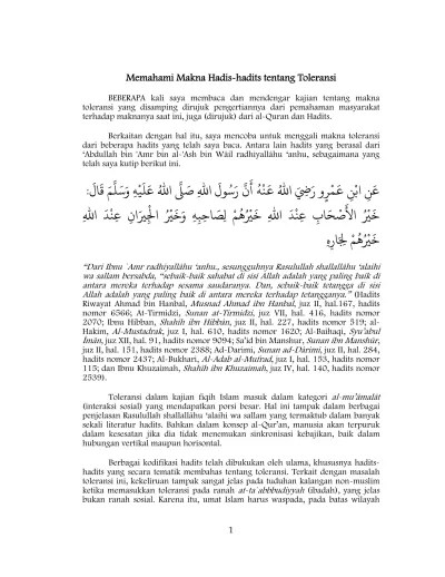 MEMAHAMI MAKNA HADIS-HADITS TENTANG TOLERANSI