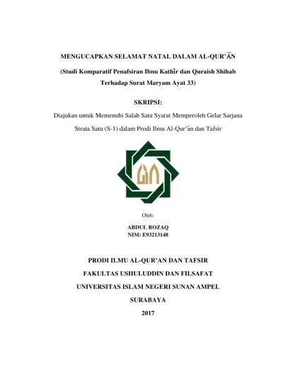 Mengucapkan selamat natal dalam al-Qur’an: studi komparatif penafsiran Ibnu  Kathir dan Quraish Shihab terhadap surat maryam ayat 33.
