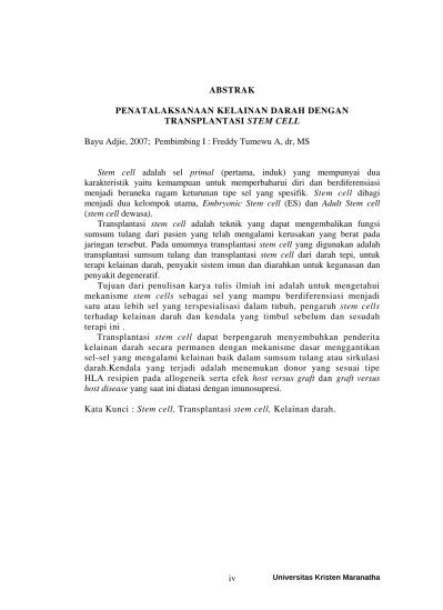 Top PDF Penatalaksanaan Kelainan Darah Dengan Transplantasi Stem Cell  (Studi Pustaka). - 123dok.com
