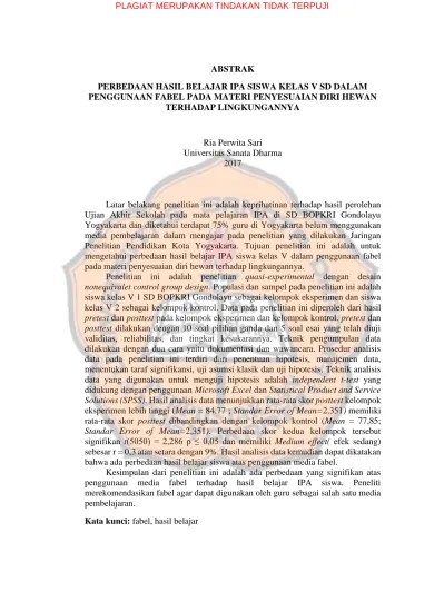 Perbedaan hasil belajar IPA siswa kelas V dalam penggunaan Fabel pada  materi penyesuaian diri hewan terhadap lingkungannya.