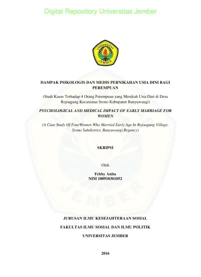 DAMPAK PSIKOLOGIS DAN MEDIS PERNIKAHAN USIA DINI BAGI PEREMPUAN