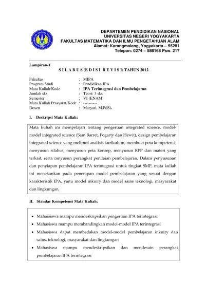 silabus ipa terintegrasi dan pembelajarannya