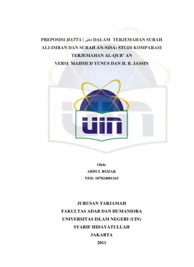 Preposisi hatta hadalm terjemahan surah ali-imran dan surah an-nisa : studi  komparasi terjemahan al-qur’an versi mahmud yunus dan H.B.Jassin